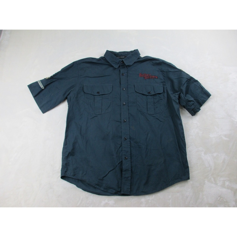 VINTAGE Harley Davidson Shirt Mens Extra Large Blue‎ Button Up Mechanic Patches*